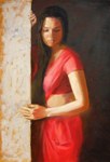 woman in red, Painting by Ramesh Jhawar