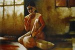 Girl bwith Pots, Figurative, Painting by Shankar Kendale