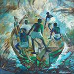 Fishermen, Figurative, Painting by Sudhakar Naik