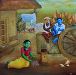 Village Life VIII, Painting by Chandrakant Tajbije, Acrylic on Canvas, Semi Realistic 48 x 48 inches