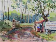 School at Panchgani - II, Painting by Chitra Vaidya, Watercolour and ink on Paper, 5  x  7 inches