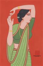 Colours of Life, Woman in the green sari by Lalu Prasad Shaw, Tempera on paper, 15 X 20 inches