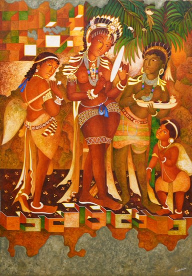 Lady with mirror and entourage (Ajanta series), painting by Vijay Kulkarni