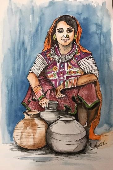 Indian Village Woman - 1, painting by Pushpa Sharma