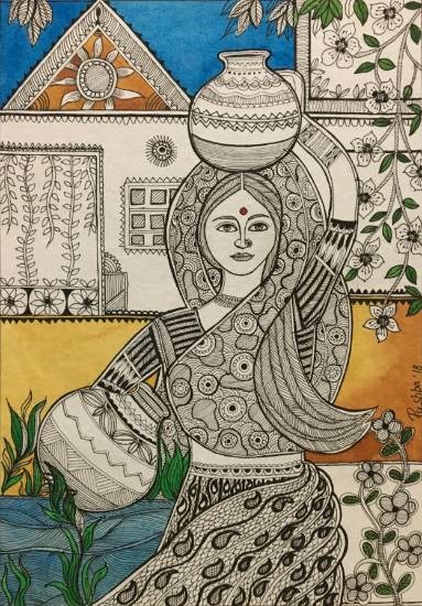 Village Woman with two pots, painting by Pushpa Sharma