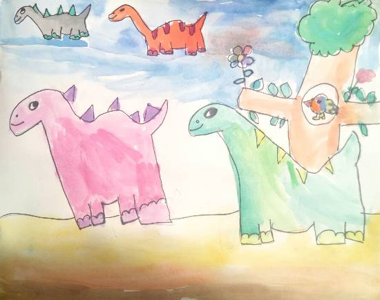 Painting  by Ishani Doshi - The Daring Dinosaurs