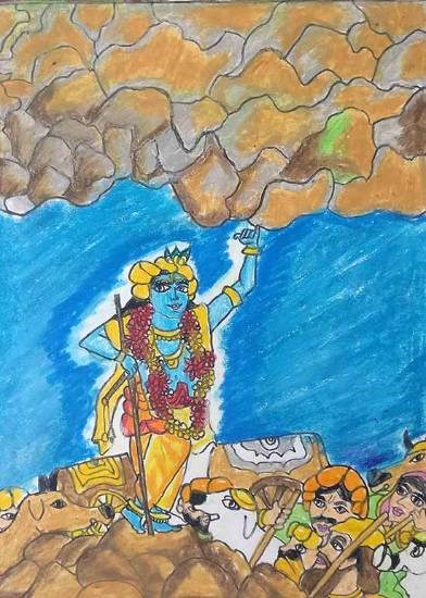 Govardhan Leela, painting by Aditya Bora