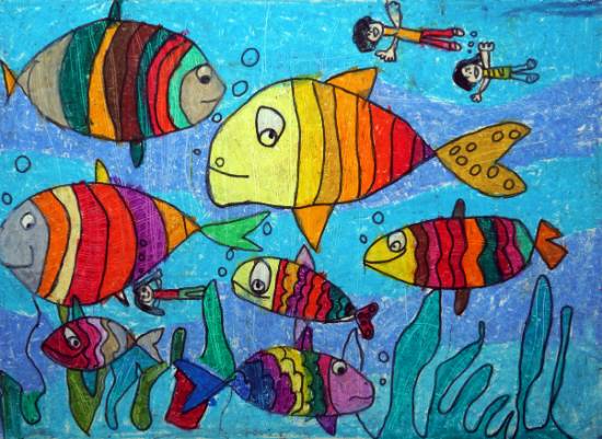 Painting  by Kavya Dharmin Shah - Fishes in a river