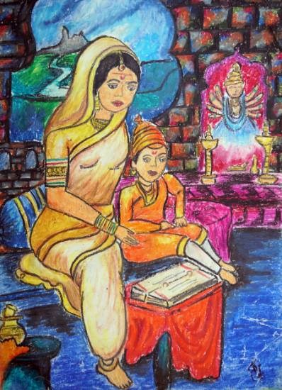 Jijaumata With His Child Shivaji, painting by Khushi M Jamale