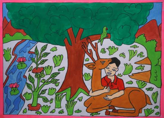 Painting  by Seema Singh - Small Kid With Deer