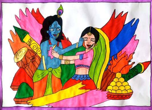 Painting  by Seema Singh - Holi with Radha Krishna