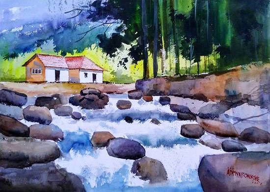 Betaab Valley, Kashmir, painting by Aditya Ponkshe