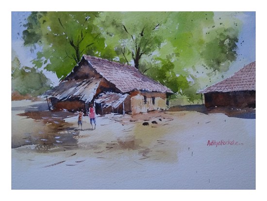 Village scene near Velhe, painting by Aditya Ponkshe