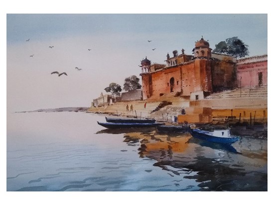 Chet Singh Ghat Banaras, painting by Aditya Ponkshe