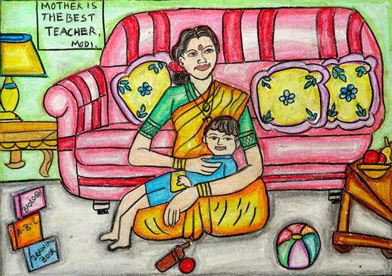 Painting  by Shriya Dharmaji - Mother is the Best  Teacher