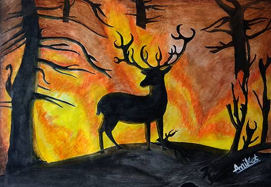 Painting  by Aniket Vibhute - Fire in the rainforest