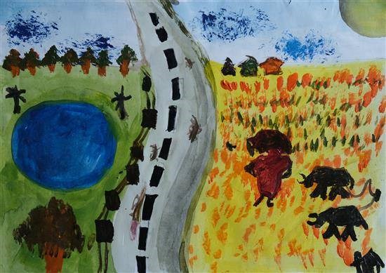 Bright summer day along the highway, painting by Aadhira MV