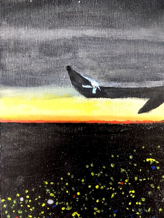 The horizon, the city and a wing - Out the flight window, painting by Aadhira MV