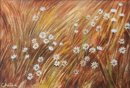 White flowers in grass, painting by Chitra Vaidya
