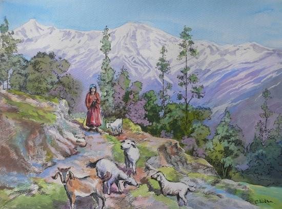 Rural Life in Kumaon - 2, painting by Chitra Vaidya