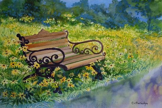 Bench at the Park, painting by Chitra Vaidya