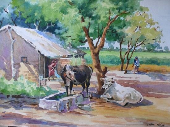 Village XI, painting by Chitra Vaidya
