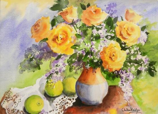 Still Life with Yellow Roses, painting by Chitra Vaidya