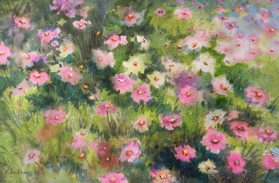 Cosmos Flowers - 2, painting by Chitra Vaidya