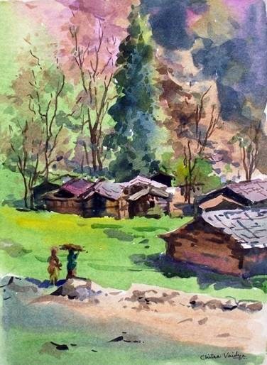 Himachal Rural House, painting by Chitra Vaidya