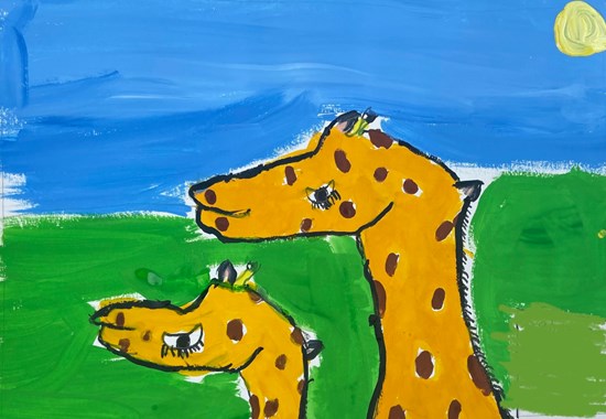 Baby Giraffe and Mother Giraffe, painting by Sahana Subramanyam