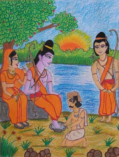 Kewat serving Rama, painting by Aradhya Shristi