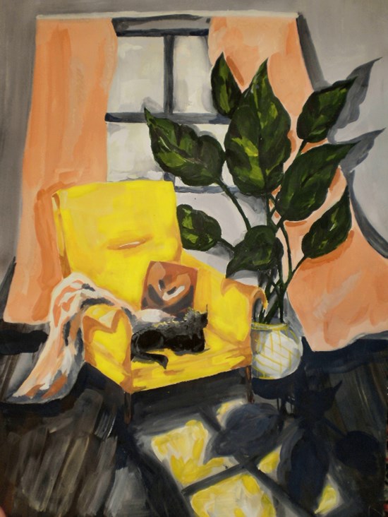 A black cat on a yellow chair, painting by Iuliia Shakhmatova