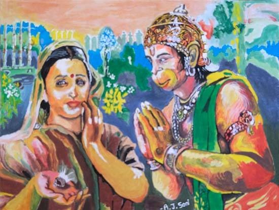 Hanuman shows Rama's ring to Sita in Ashok Vatika, painting by Aarmi Soni