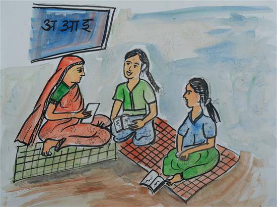 Painting  by Sushila Naroti - Young girl teaches to her mother