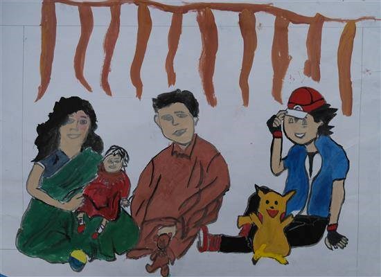 My family with Cartoon characters, painting by Vaishnavi Mavaskar