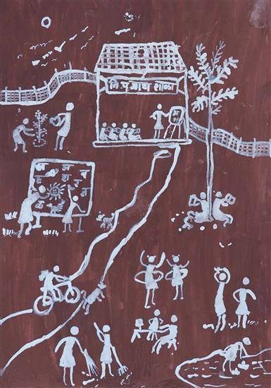 School in tribe, painting by Sangita Bagul