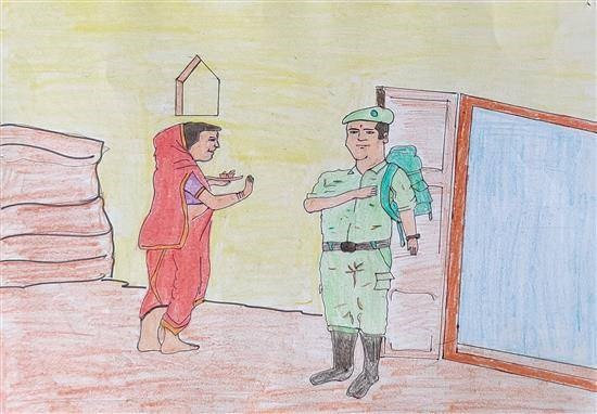Mother's blessing to Soldier, painting by Shailesh Bhoye