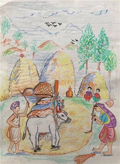 Crop's threshing, painting by Dhananjay Lahare