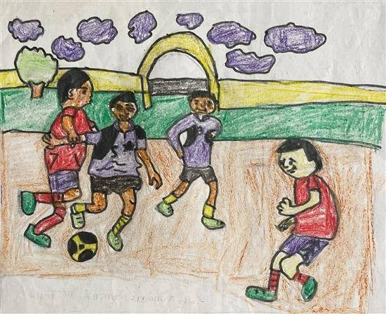 Friends playing at ground, painting by Vishal Panage