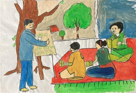 Teacher with students, painting by Shakuntala Hambir