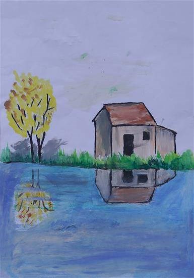 My home near river bank, painting by Yash Gangad
