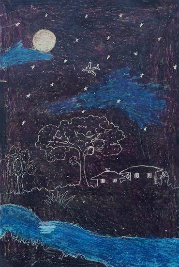 My village at night, painting by Navnath Pokale