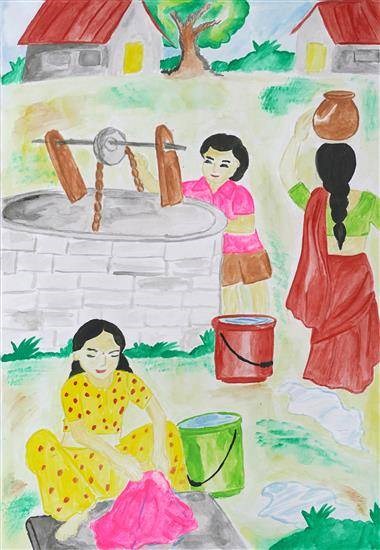 Scenery at well, painting by Bhagyashree Ugale