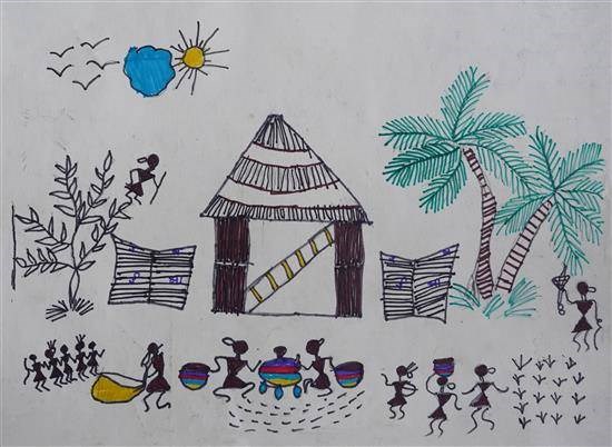 Scenery in tribe, painting by Divyashree Dhade