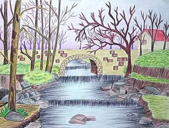 The river under the Bridge, painting by Riddhima Kar