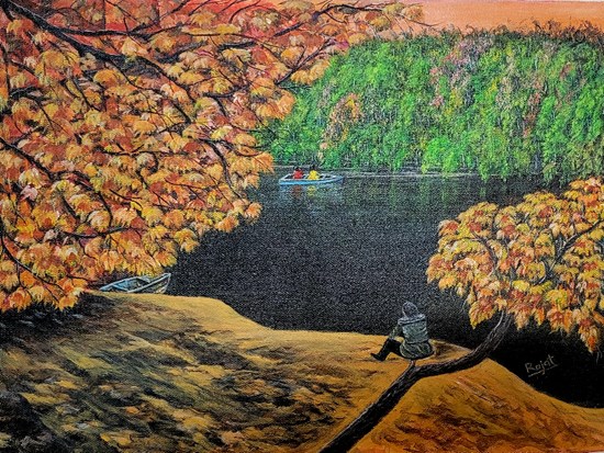 Alone on the river Bank, painting by Rajat Kumar Das