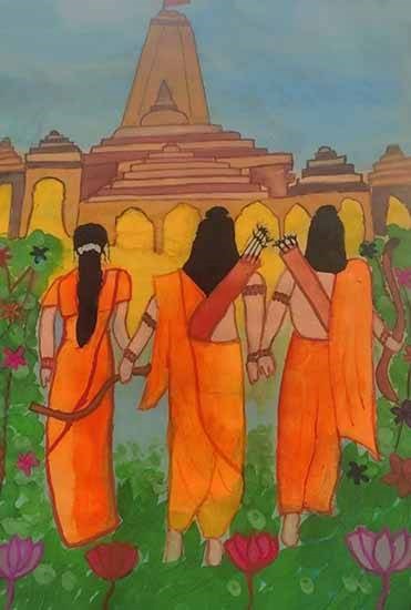 Ram, Lakshman and Sita going to ram mandir, painting by Kaavya Shah