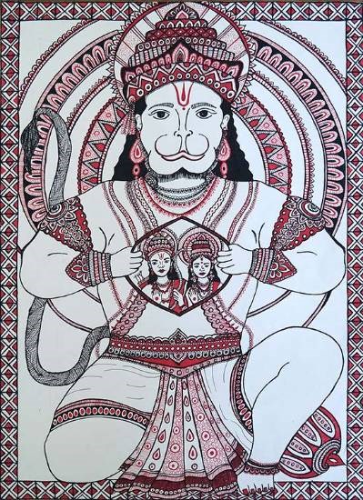 Shri Hanuman tore his Chest Open, painting by Dhanshri Kabra