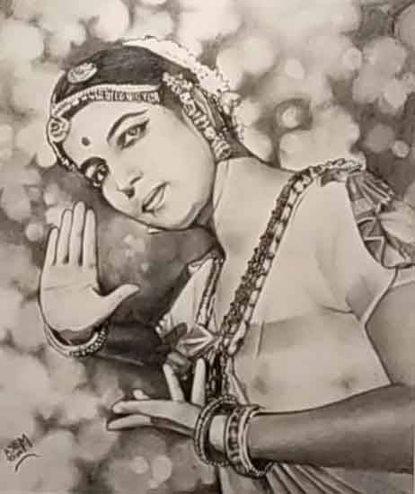 Painting  by Ajem Toham - Moonlit Elegance: Rukmani Devi's Bharatanatyam Grace