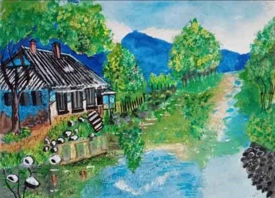 House by the river, painting by Dr. Baisali Ray